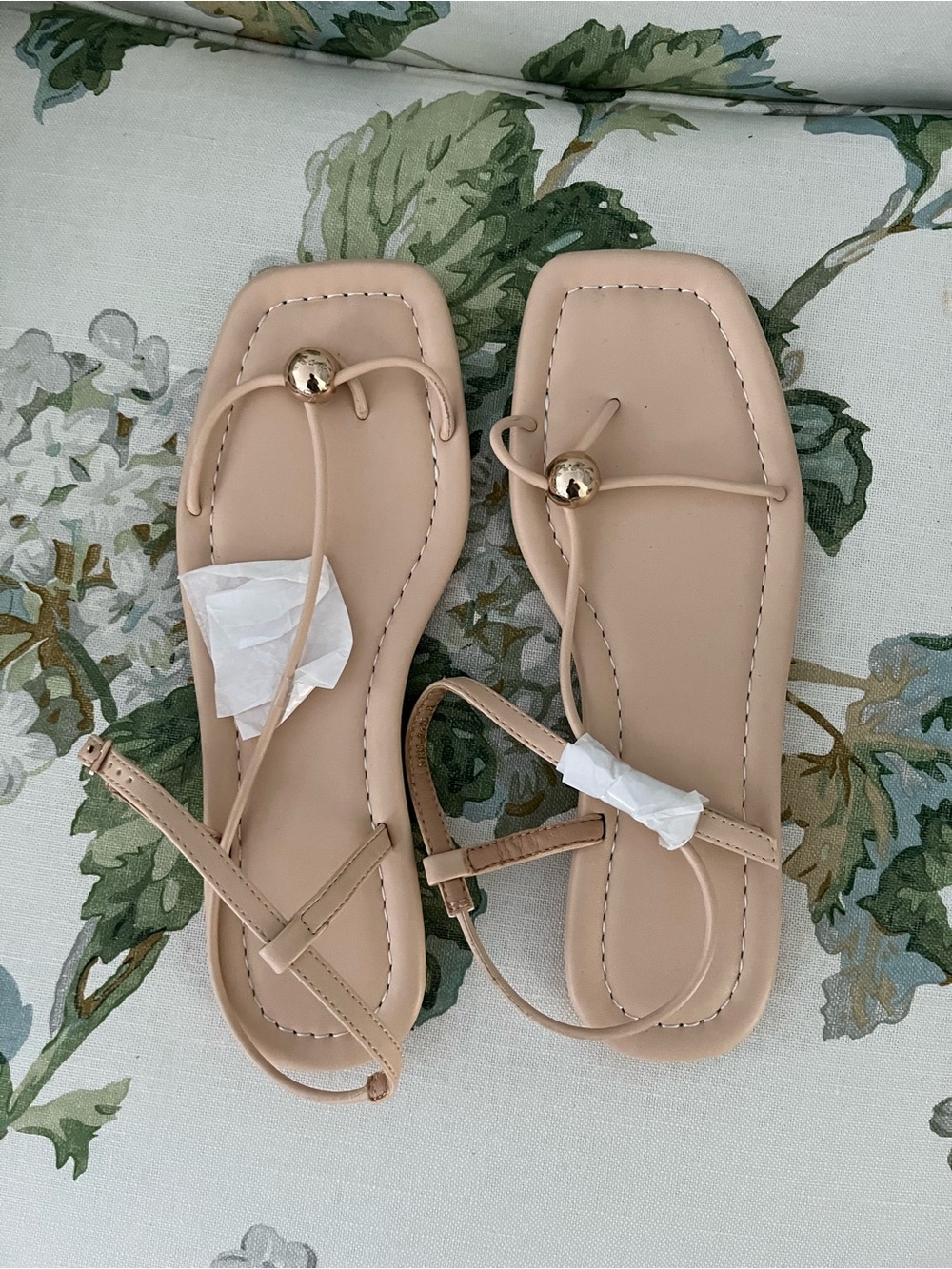 Nude Beige Strappy Sandals with Gold Accent - Women